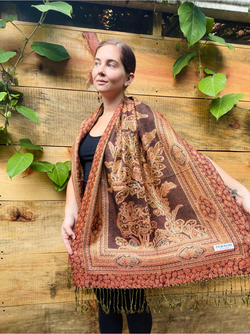 Guatemalan pashmina Paisley Fringe Shawl in Brown and Rust